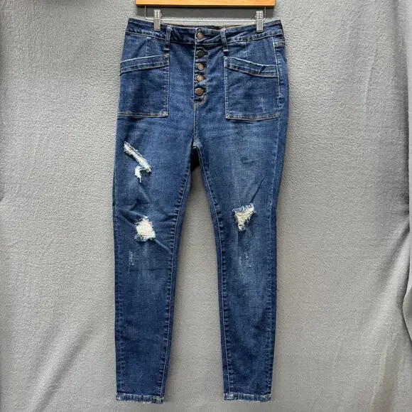 Judy Blue Jeans Womens 13 / 31 Skinny Fit Button Fly Distressed Blue Denim - Picture 2 of 9